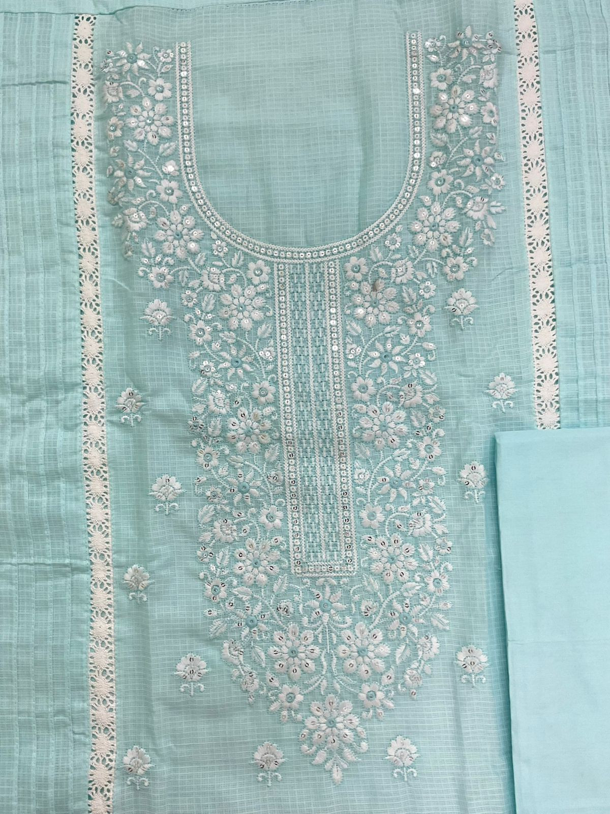 Pure Kota Cotton Printed Embroidered Suit - Sea Blue