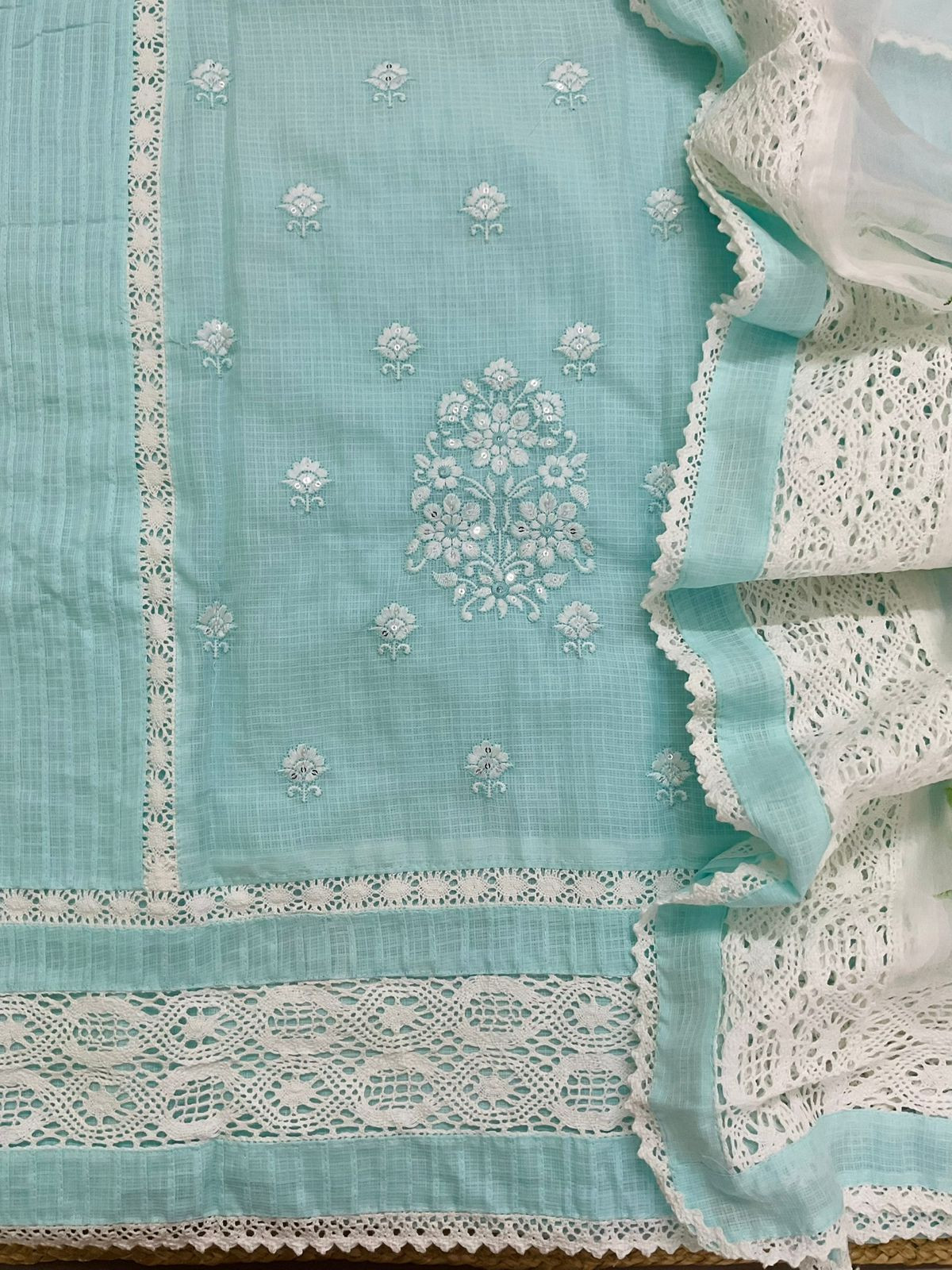 Pure Kota Cotton Printed Embroidered Suit - Sea Blue