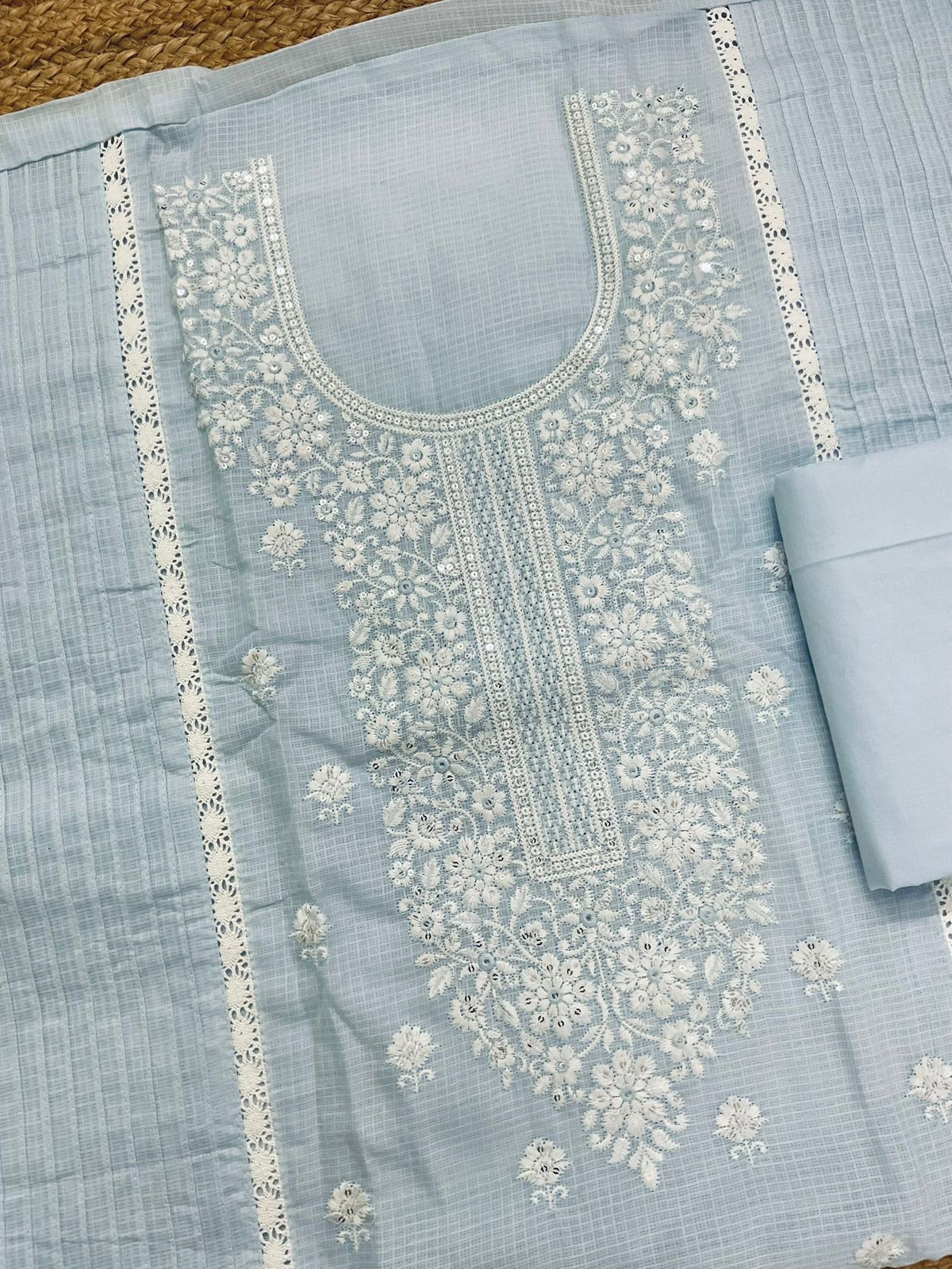 Pure Kota Cotton Printed Embroidered Suit - Blue