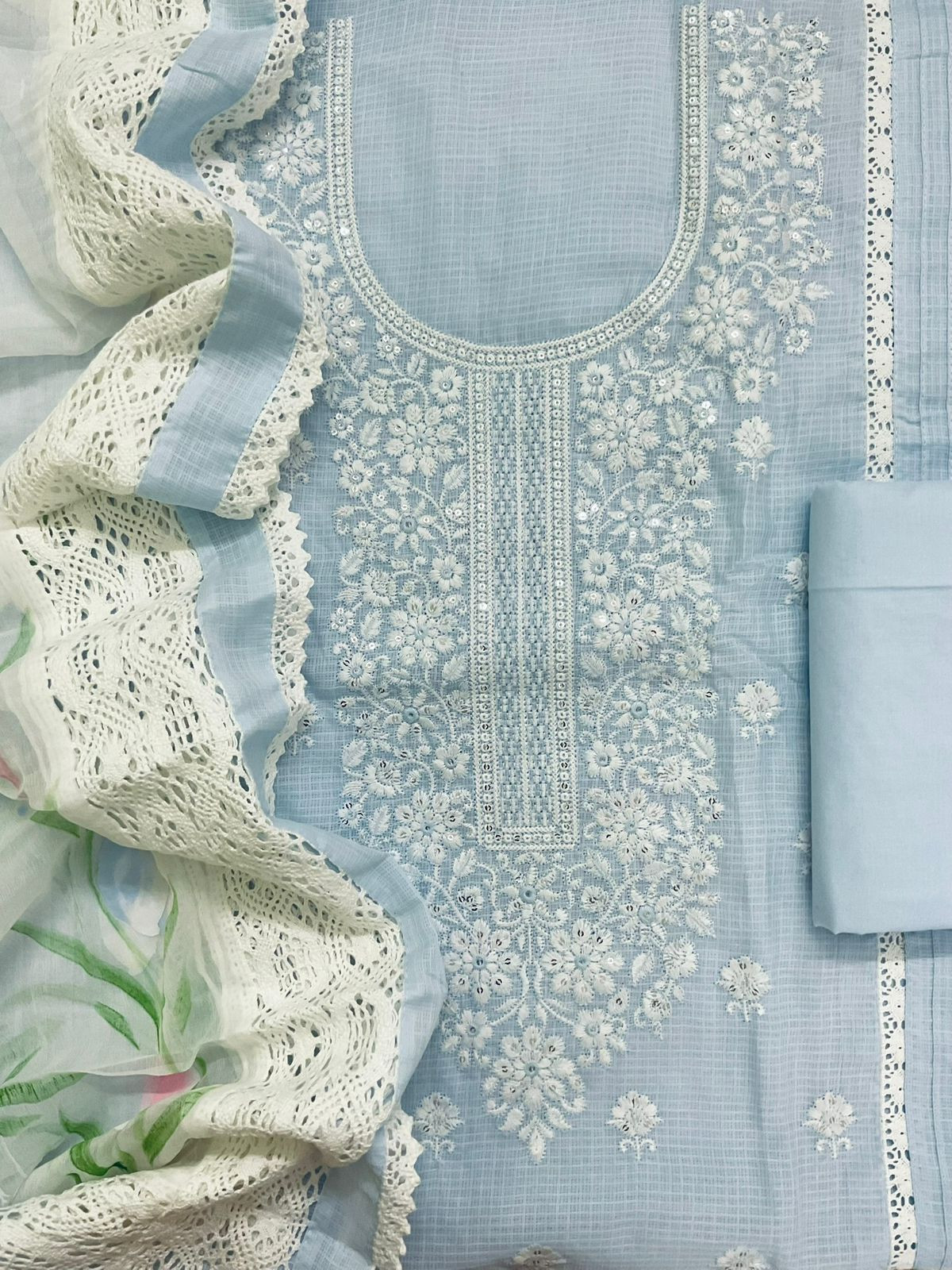 Pure Kota Cotton Printed Embroidered Suit - Blue