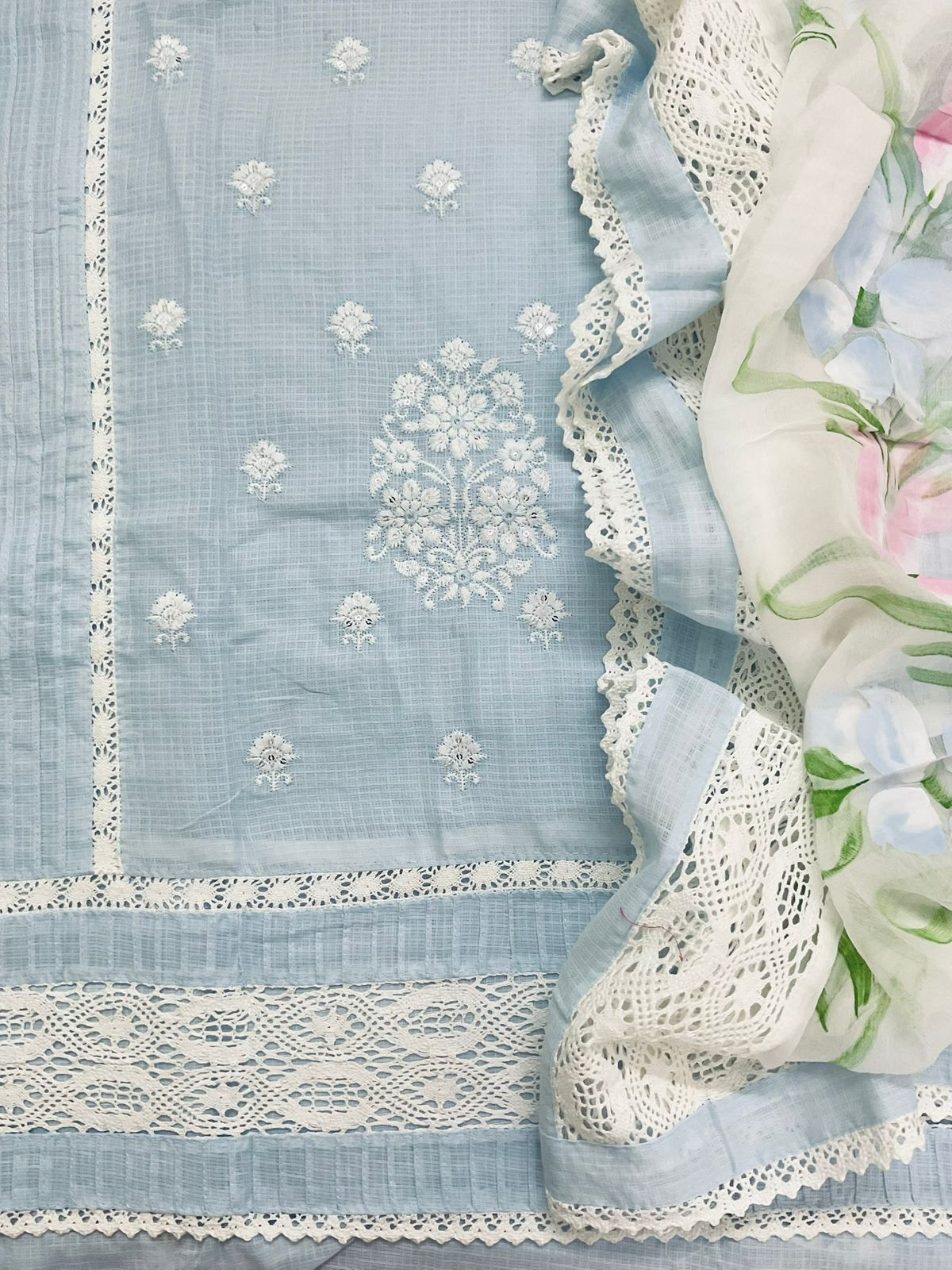 Pure Kota Cotton Printed Embroidered Suit - Blue