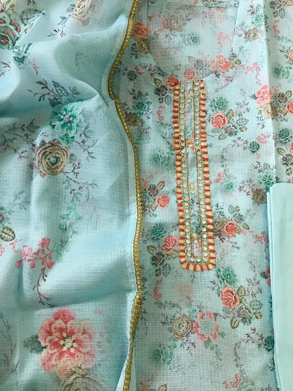 Soft Kota Silk Printed Embroidered Suit - Blue