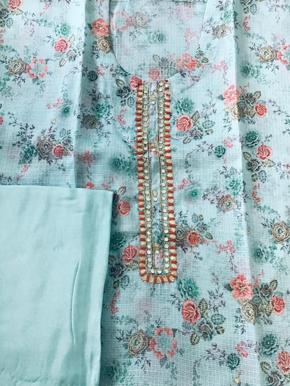 Soft Kota Silk Printed Embroidered Suit - Blue