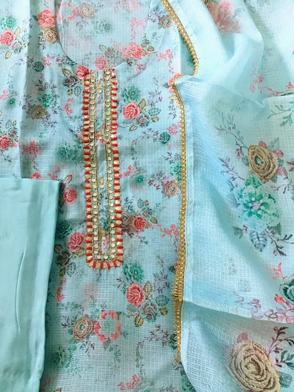 Soft Kota Silk Printed Embroidered Suit - Blue