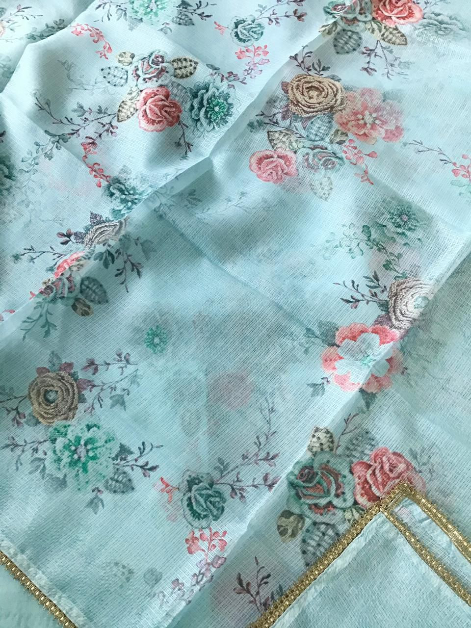 Soft Kota Silk Printed Embroidered Suit - Blue
