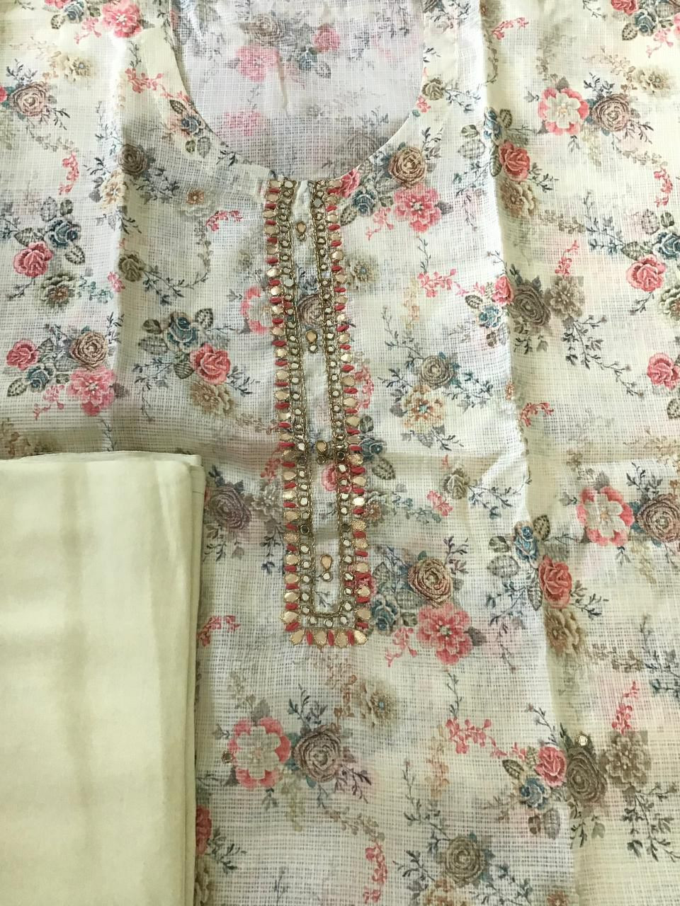 Soft Kota Silk Printed Embroidered Suit - Yellow