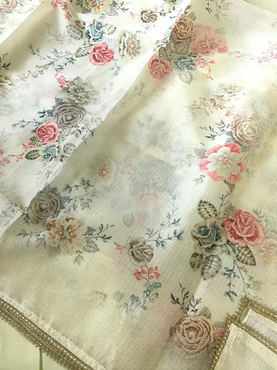 Soft Kota Silk Printed Embroidered Suit - Yellow