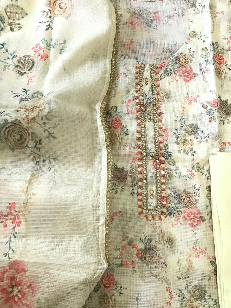 Soft Kota Silk Printed Embroidered Suit - Yellow