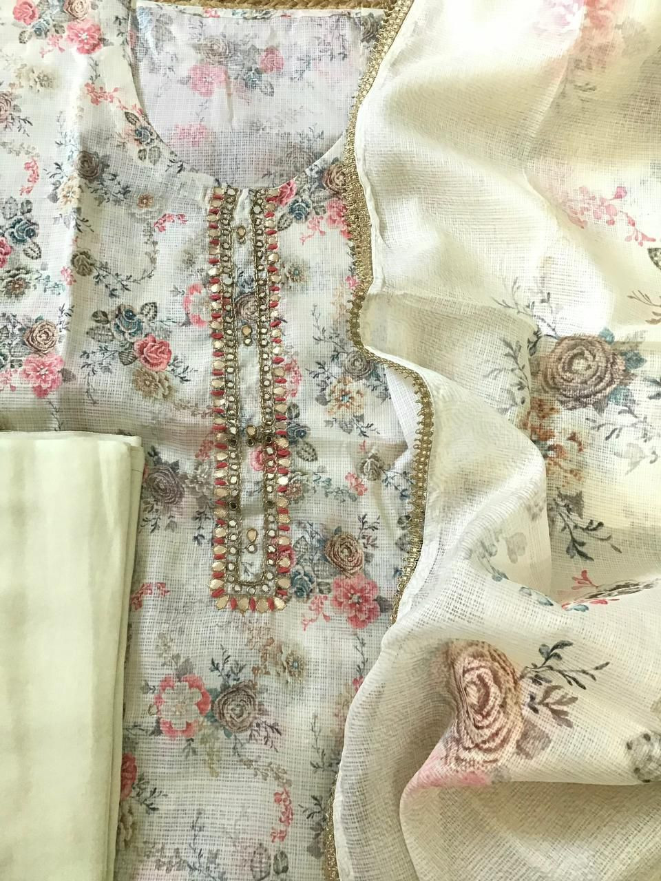 Soft Kota Silk Printed Embroidered Suit - Yellow