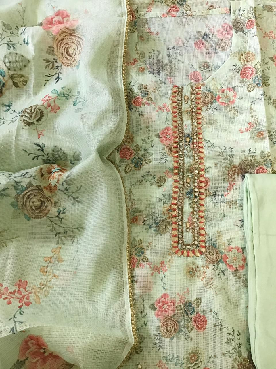 Soft Kota Silk Printed Embroidered Suit - Green