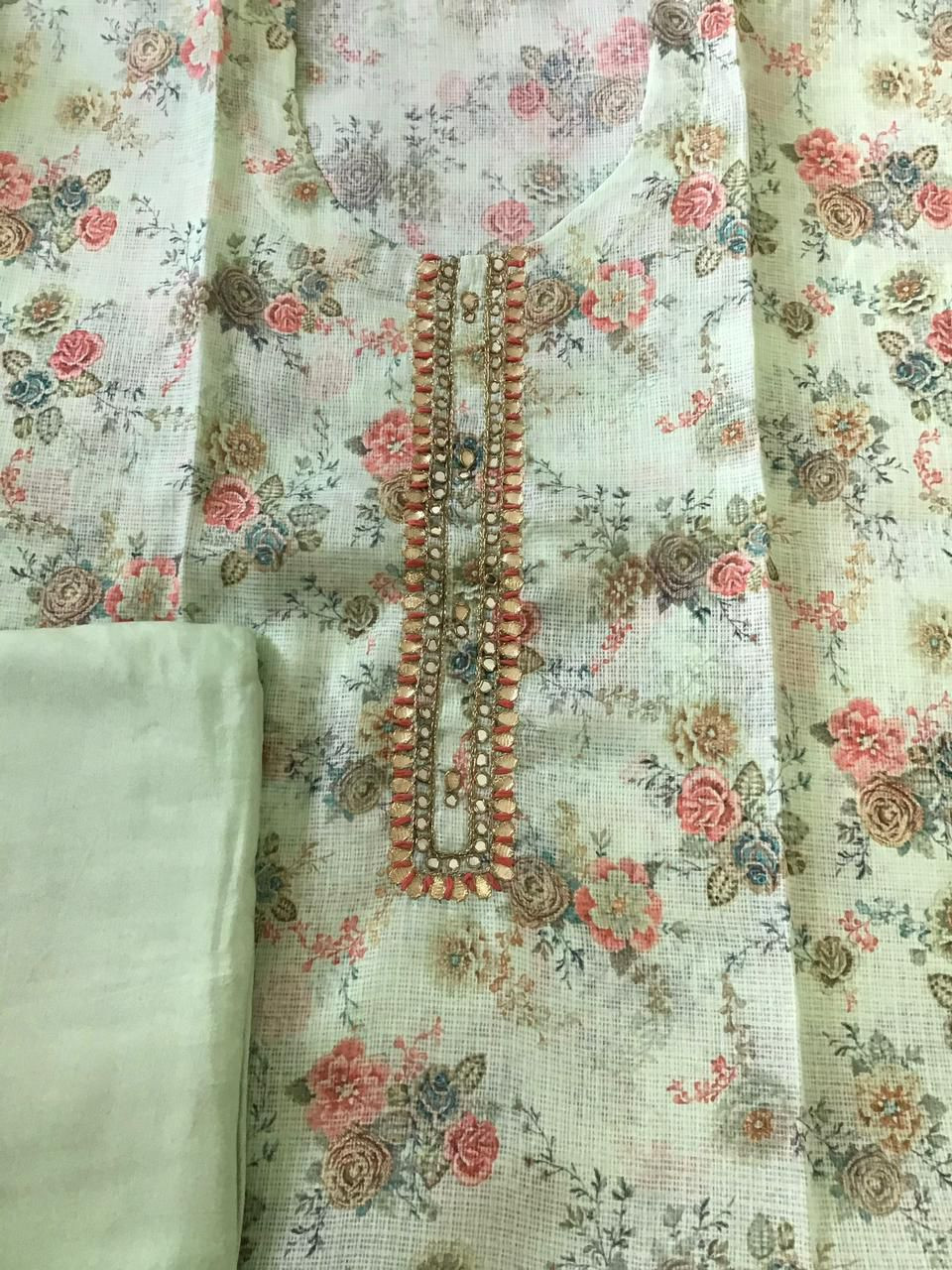 Soft Kota Silk Printed Embroidered Suit - Green