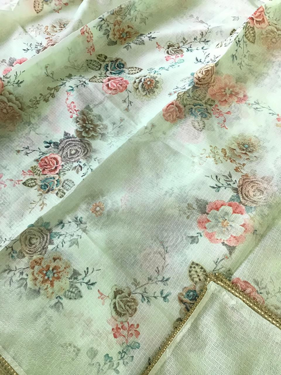 Soft Kota Silk Printed Embroidered Suit - Green