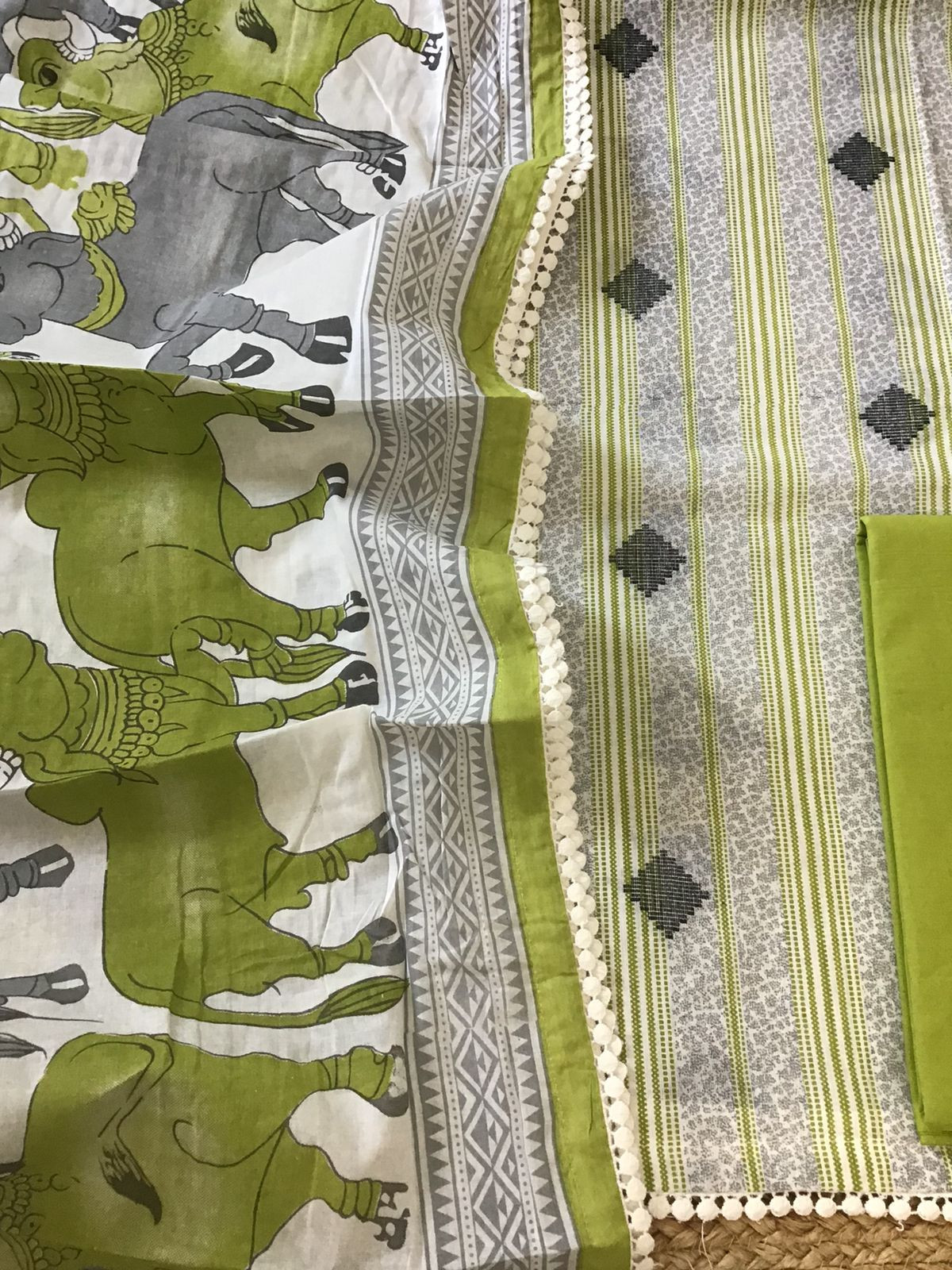 Pure Cotton Printed Self Weaved Suit - Green