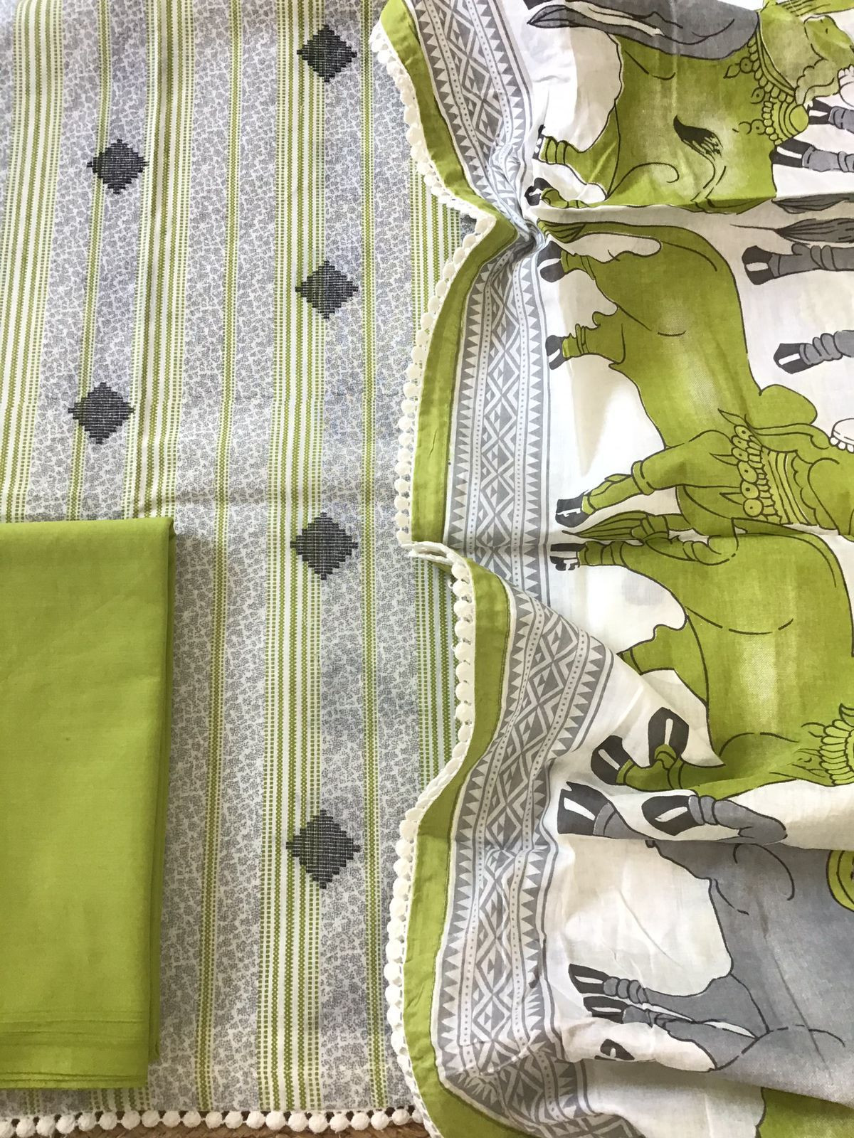 Pure Cotton Printed Self Weaved Suit - Green