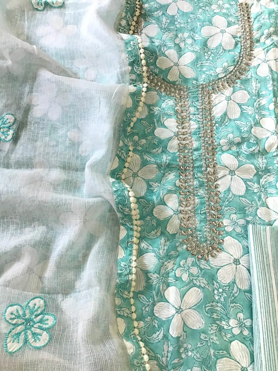 Pure Cotton Printed Embroidered Suit - Sea Green