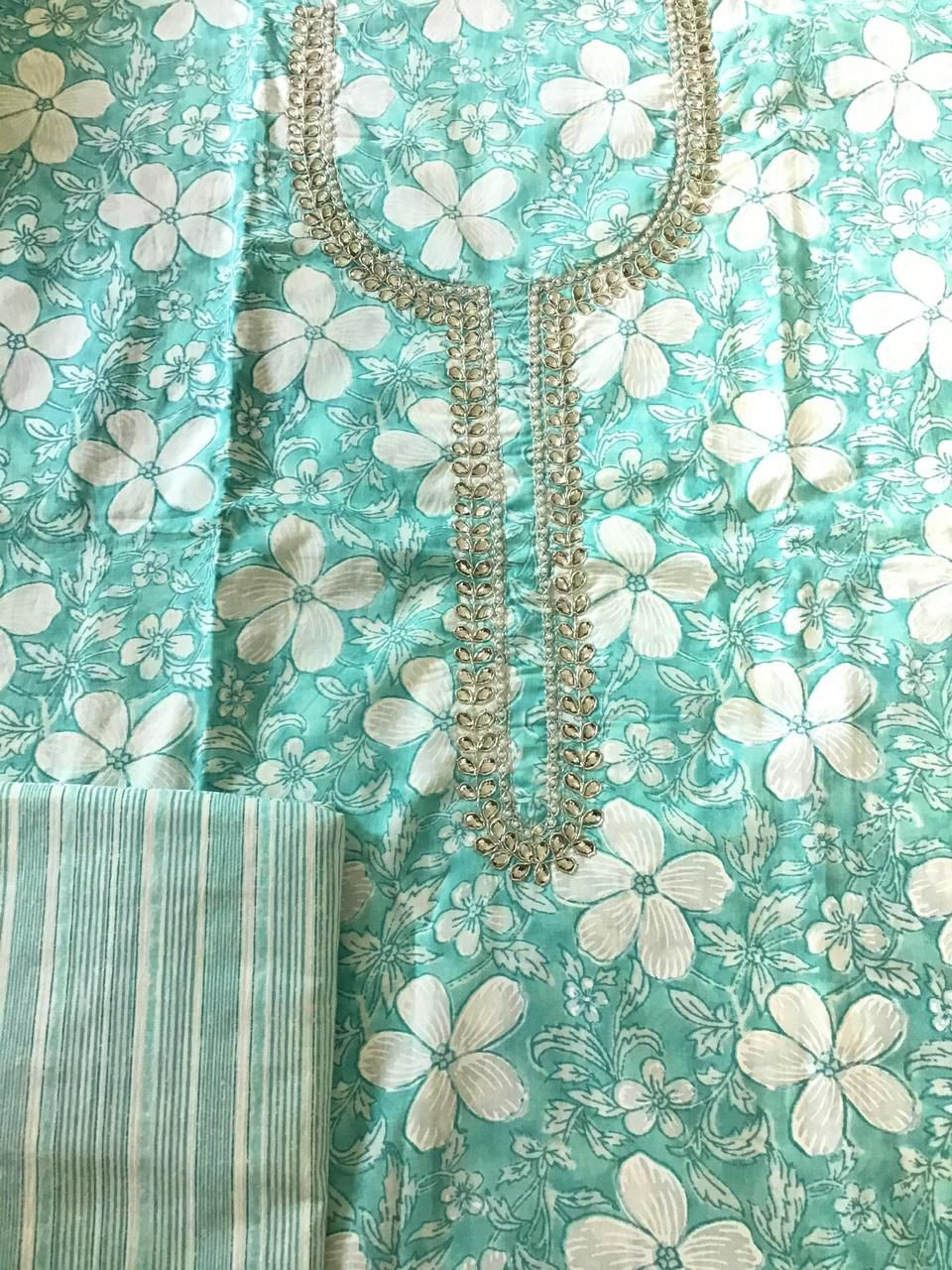 Pure Cotton Printed Embroidered Suit - Sea Green