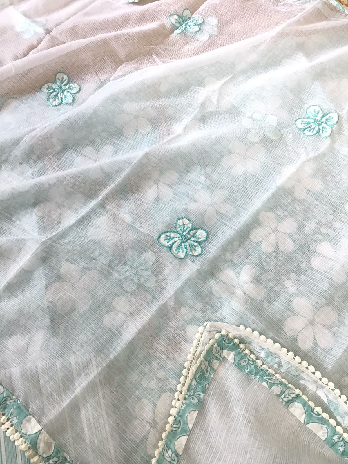 Pure Cotton Printed Embroidered Suit - Sea Green