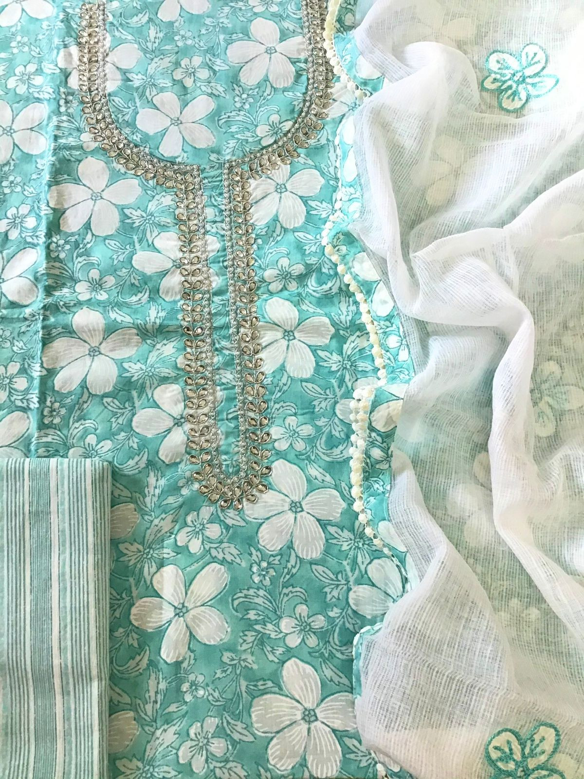 Pure Cotton Printed Embroidered Suit - Sea Green