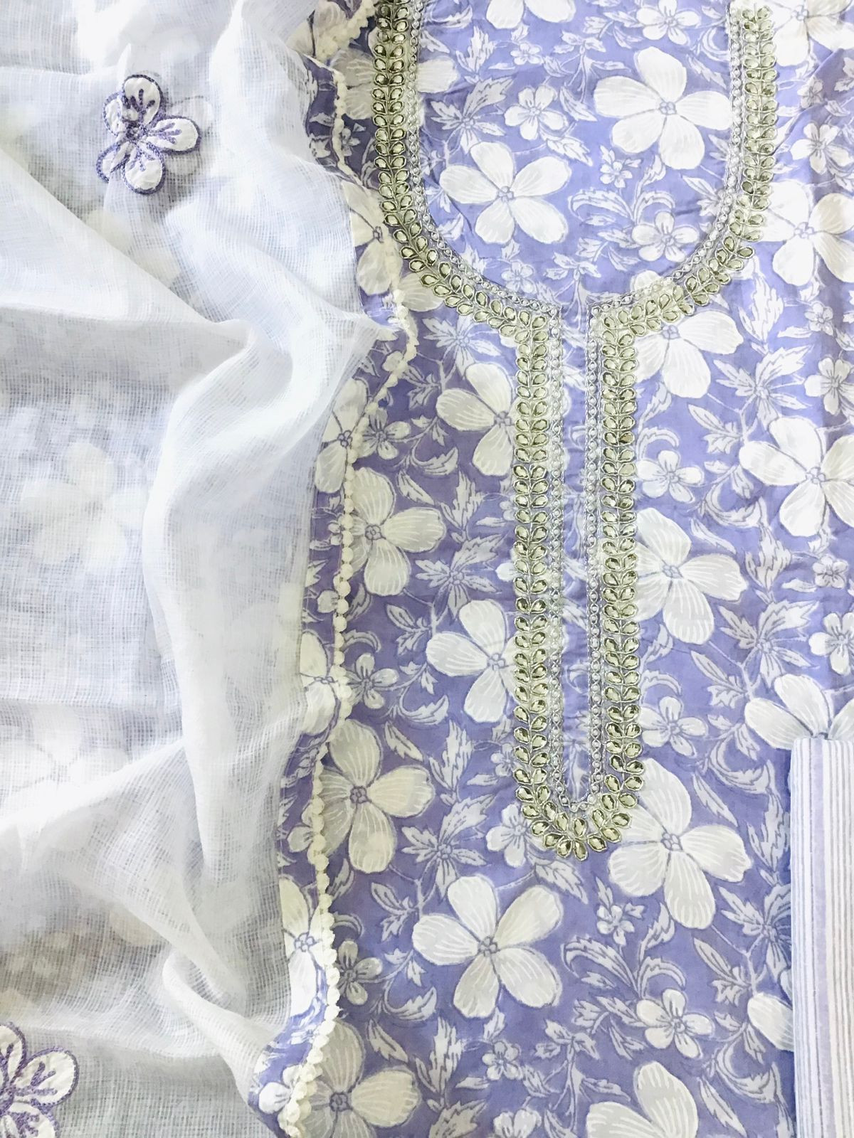 Pure Cotton Printed Embroidered Suit - Lavender