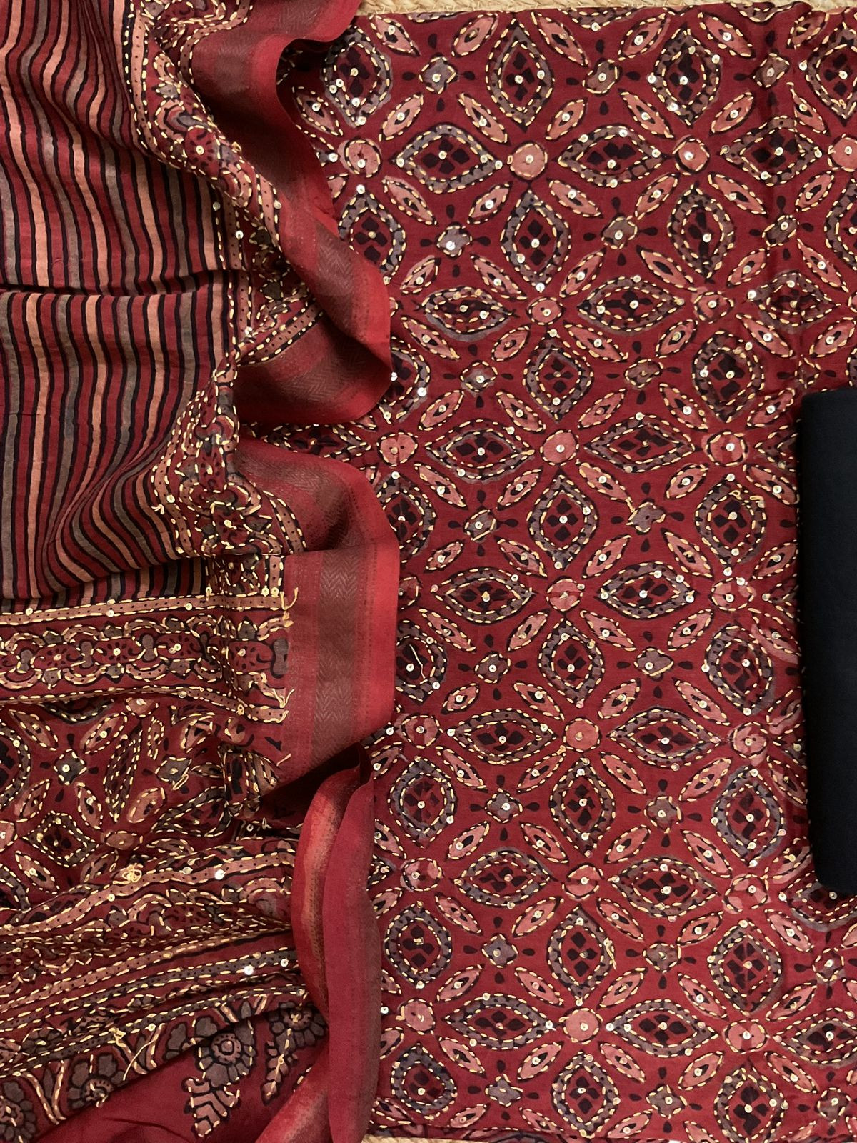 Pure Fine Maheshwari Ajrakh Printed Embroidered Suit - Maroon