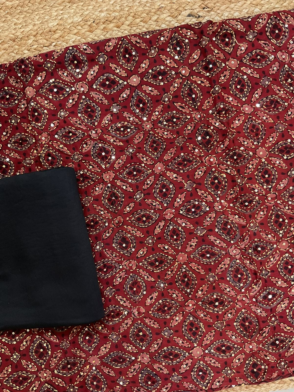 Pure Fine Maheshwari Ajrakh Printed Embroidered Suit - Maroon