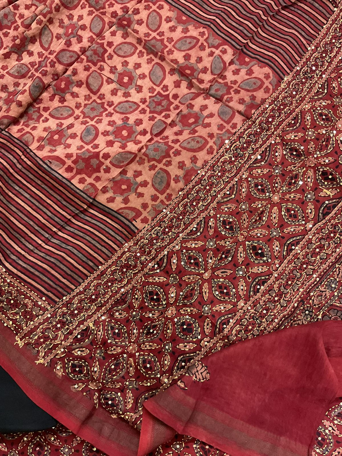 Pure Fine Maheshwari Ajrakh Printed Embroidered Suit - Maroon