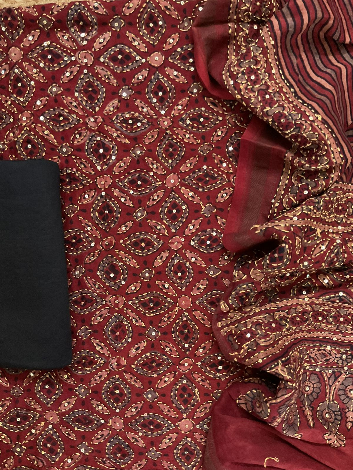 Pure Fine Maheshwari Ajrakh Printed Embroidered Suit - Maroon