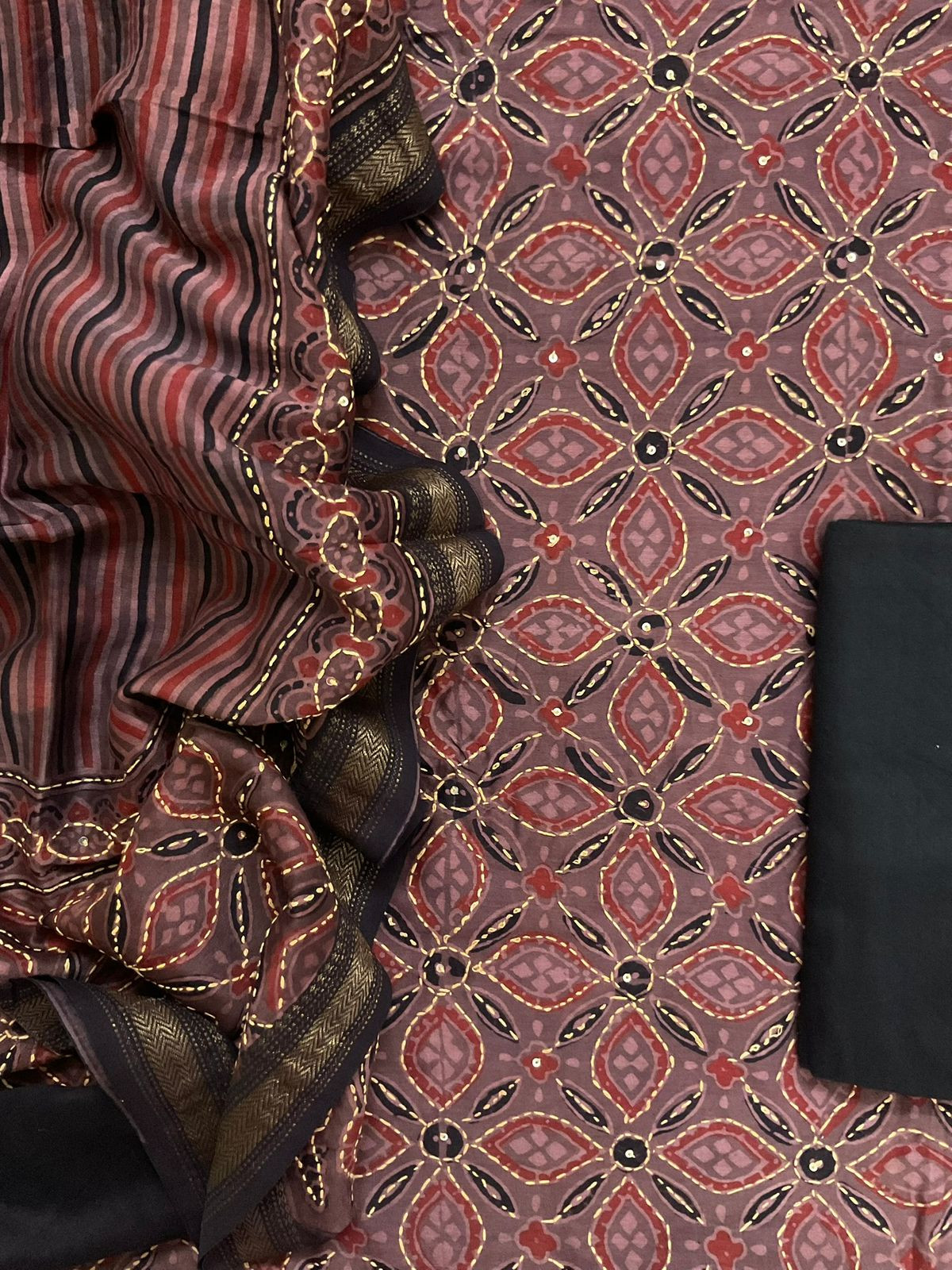 Pure Fine Maheshwari Ajrakh Printed Embroidered Suit - Brown