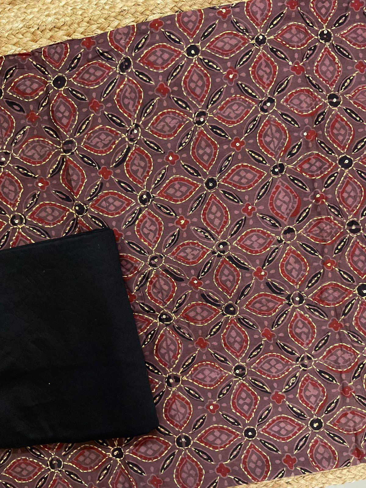 Pure Fine Maheshwari Ajrakh Printed Embroidered Suit - Brown