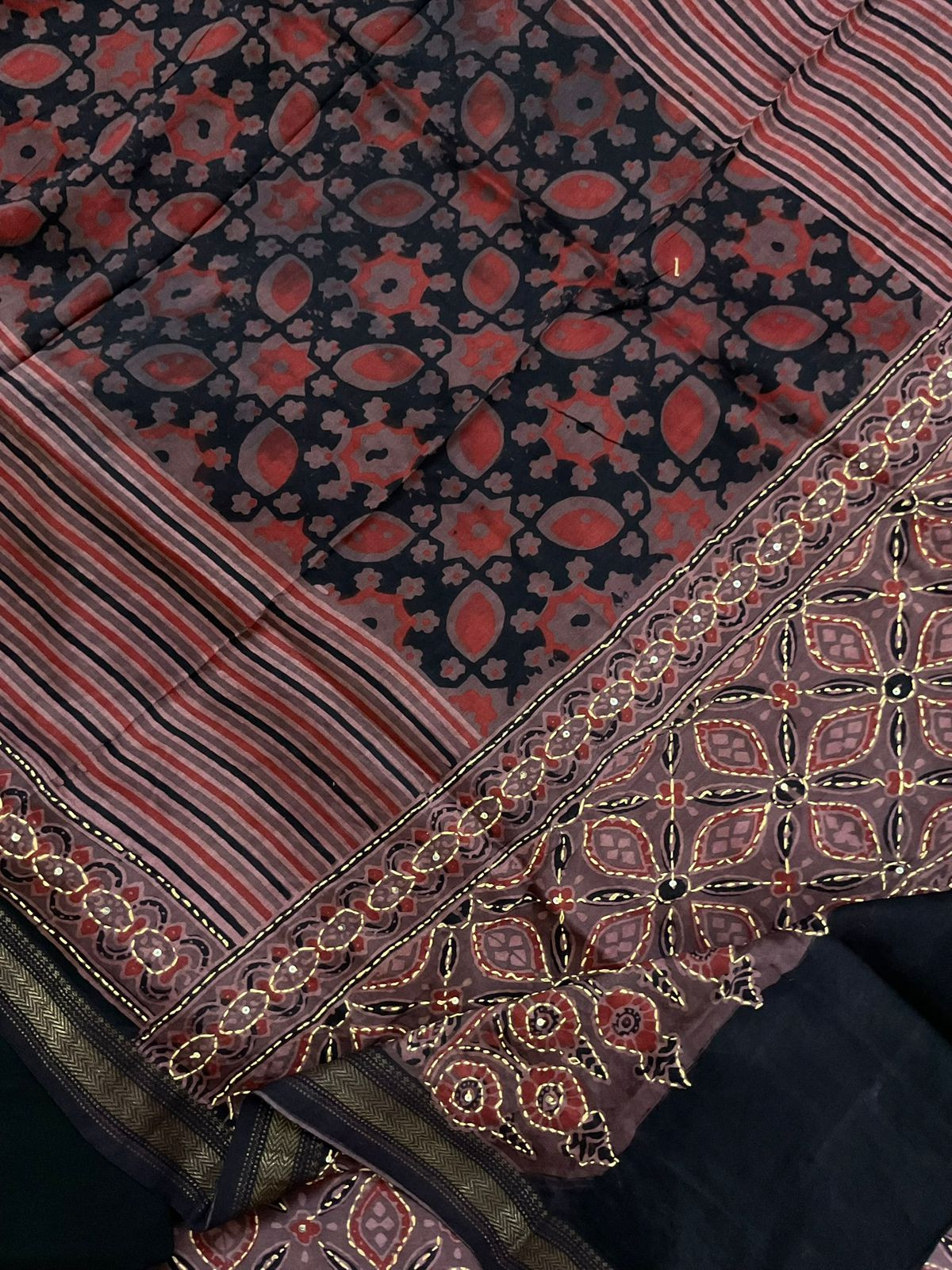 Pure Fine Maheshwari Ajrakh Printed Embroidered Suit - Brown