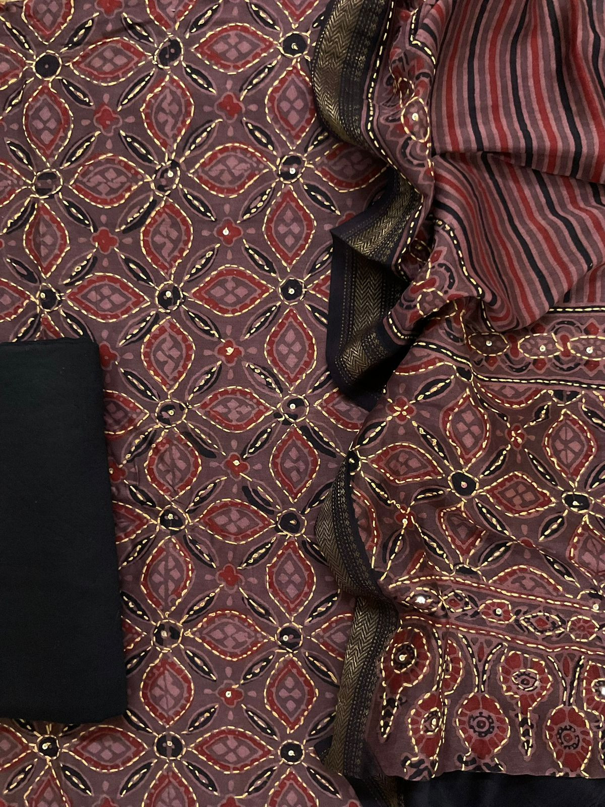 Pure Fine Maheshwari Ajrakh Printed Embroidered Suit - Brown