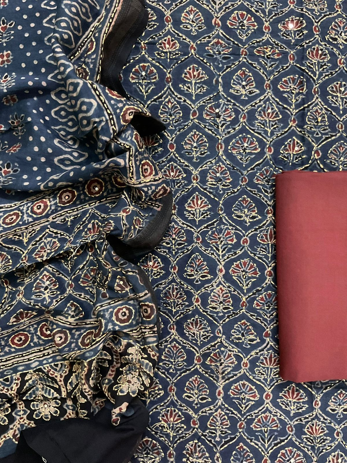 Pure Fine Maheshwari Ajrakh Printed Embroidered Suit - Blue