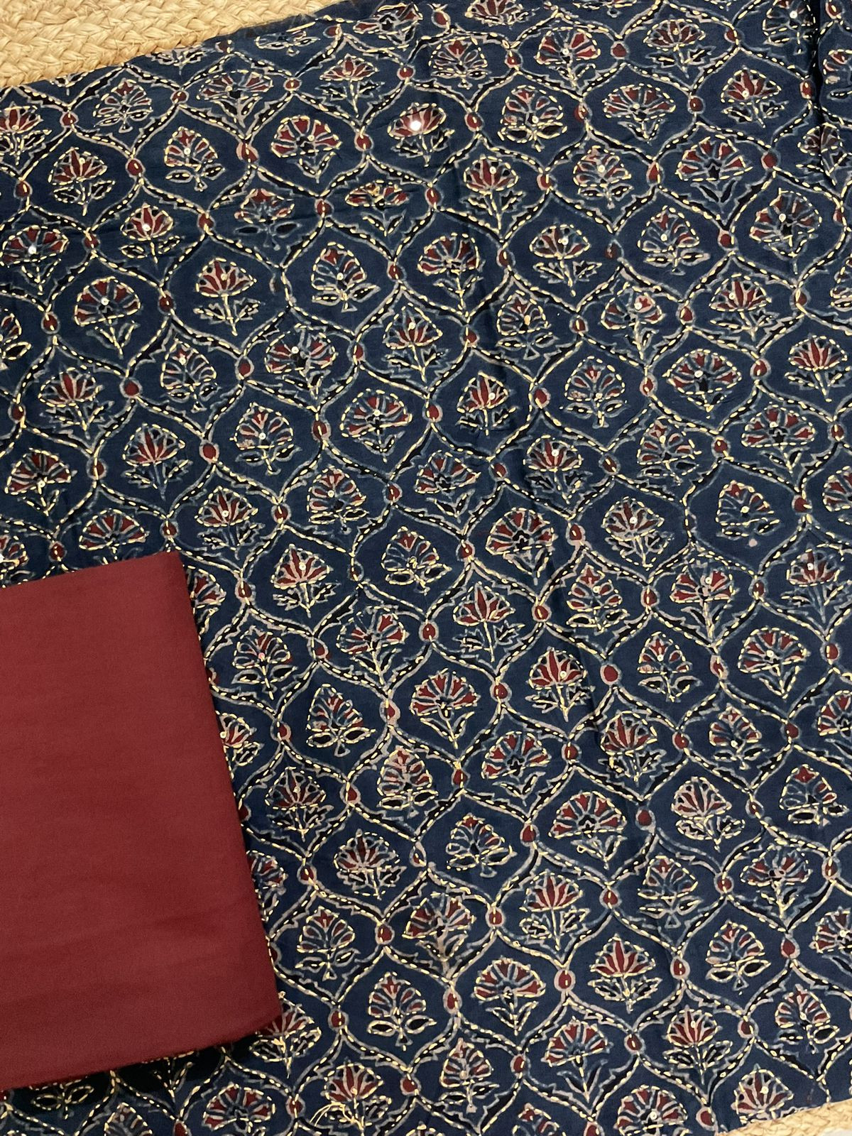 Pure Fine Maheshwari Ajrakh Printed Embroidered Suit - Blue