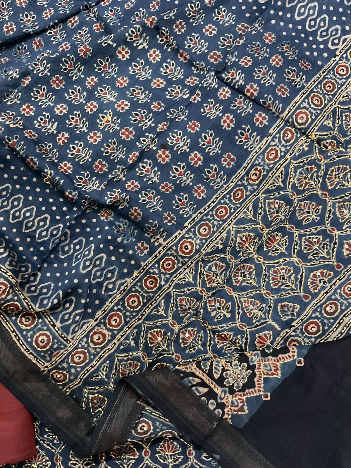 Pure Fine Maheshwari Ajrakh Printed Embroidered Suit - Blue