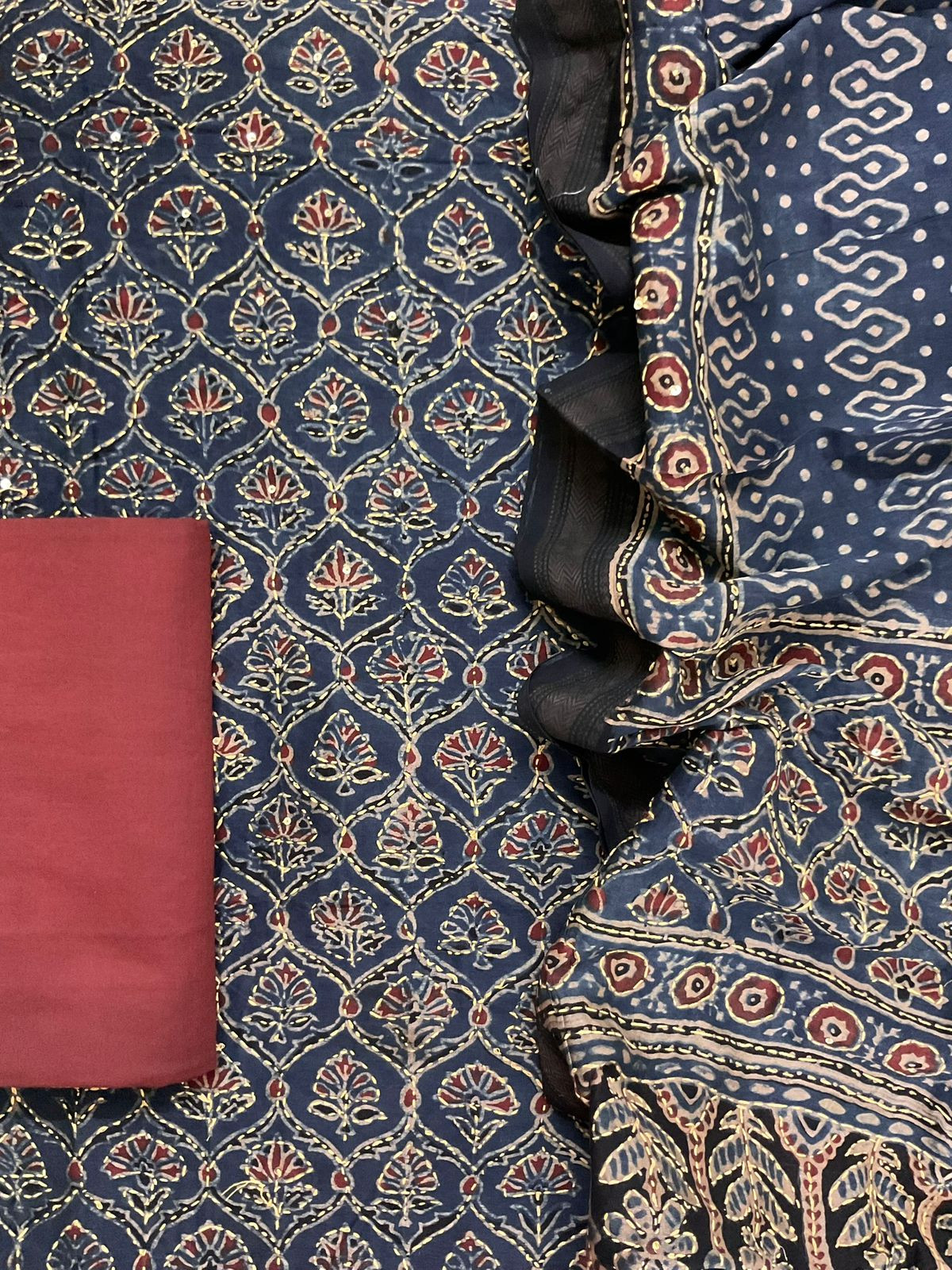 Pure Fine Maheshwari Ajrakh Printed Embroidered Suit - Blue