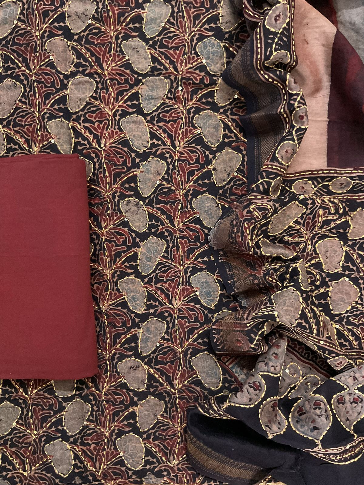 Pure Fine Maheshwari Ajrakh Printed Embroidered Suit - Black