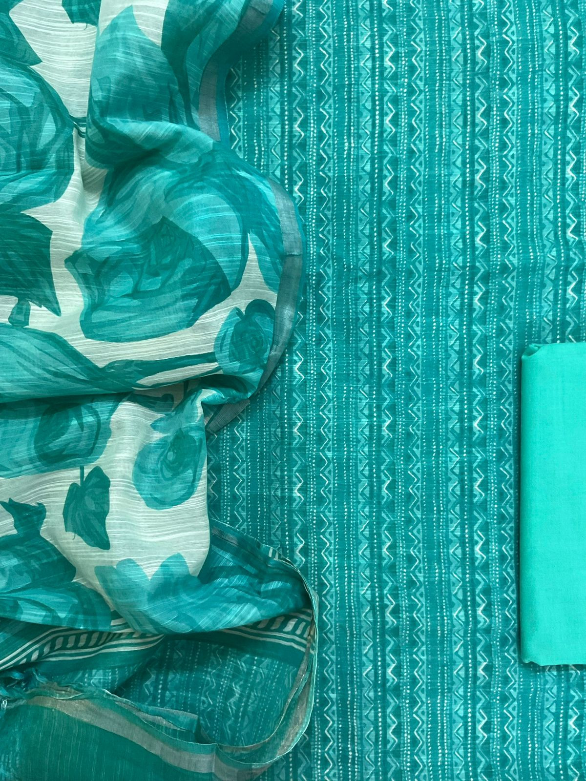 Soft Fine Slub Chanderi Printed Suit - Bluish Green