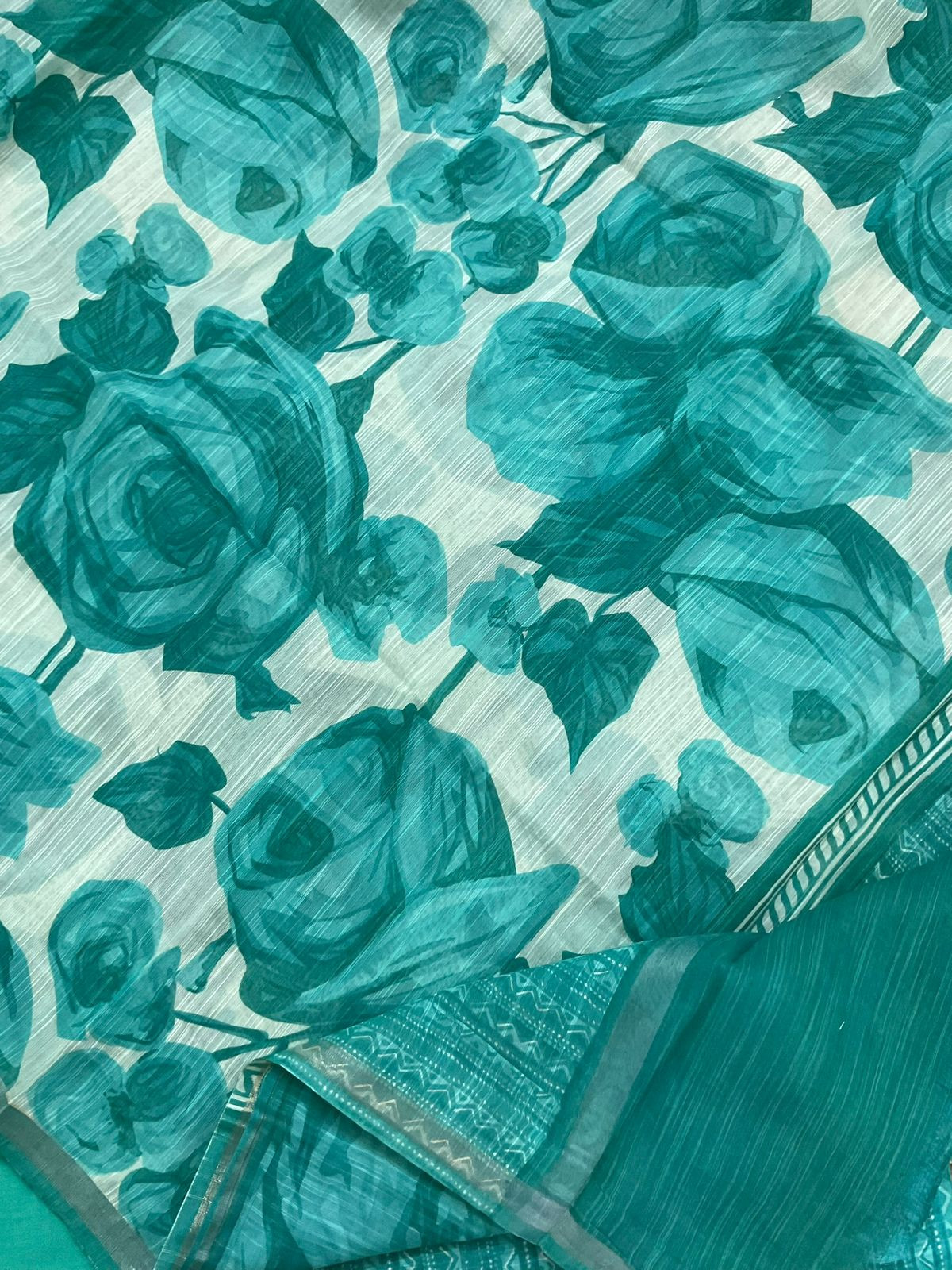 Soft Fine Slub Chanderi Printed Suit - Bluish Green