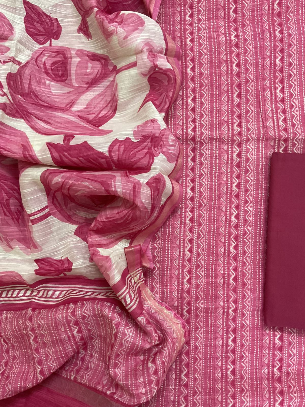 Soft Fine Slub Chanderi Printed Suit - Pink