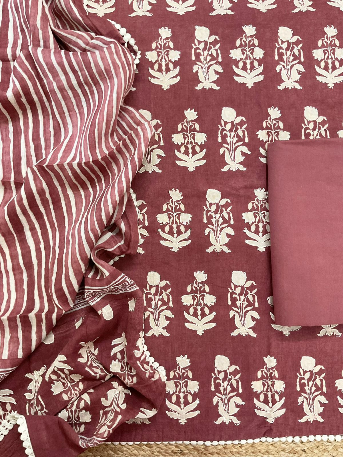 Pure Cotton Printed Embroidered Suit - Brown