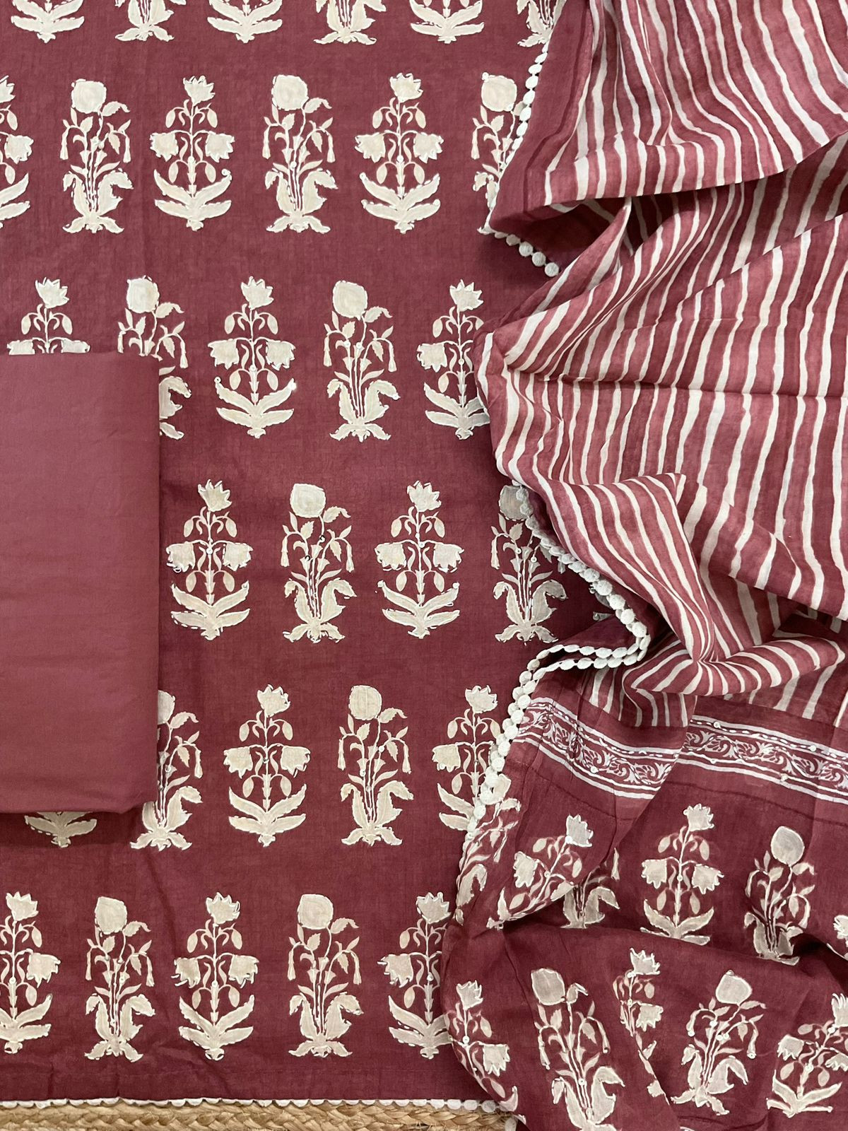 Pure Cotton Printed Embroidered Suit - Brown