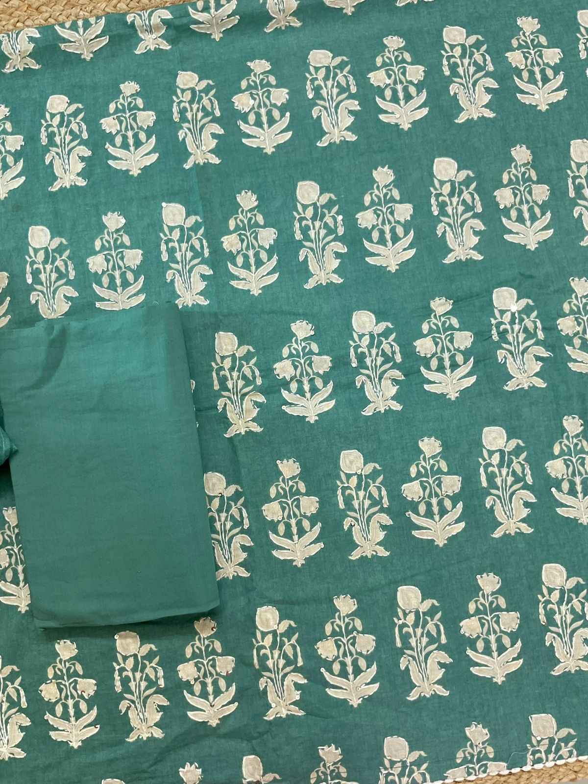 Pure Cotton Printed Embroidered Suit - Green