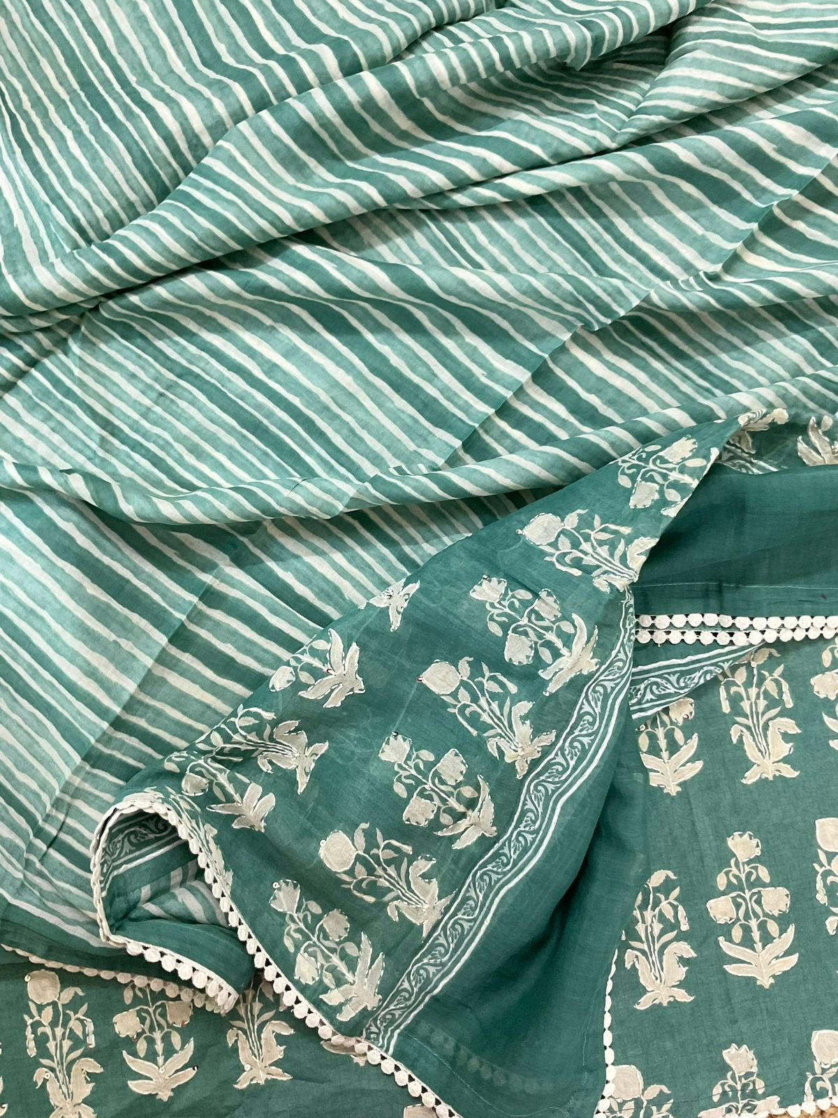 Pure Cotton Printed Embroidered Suit - Green