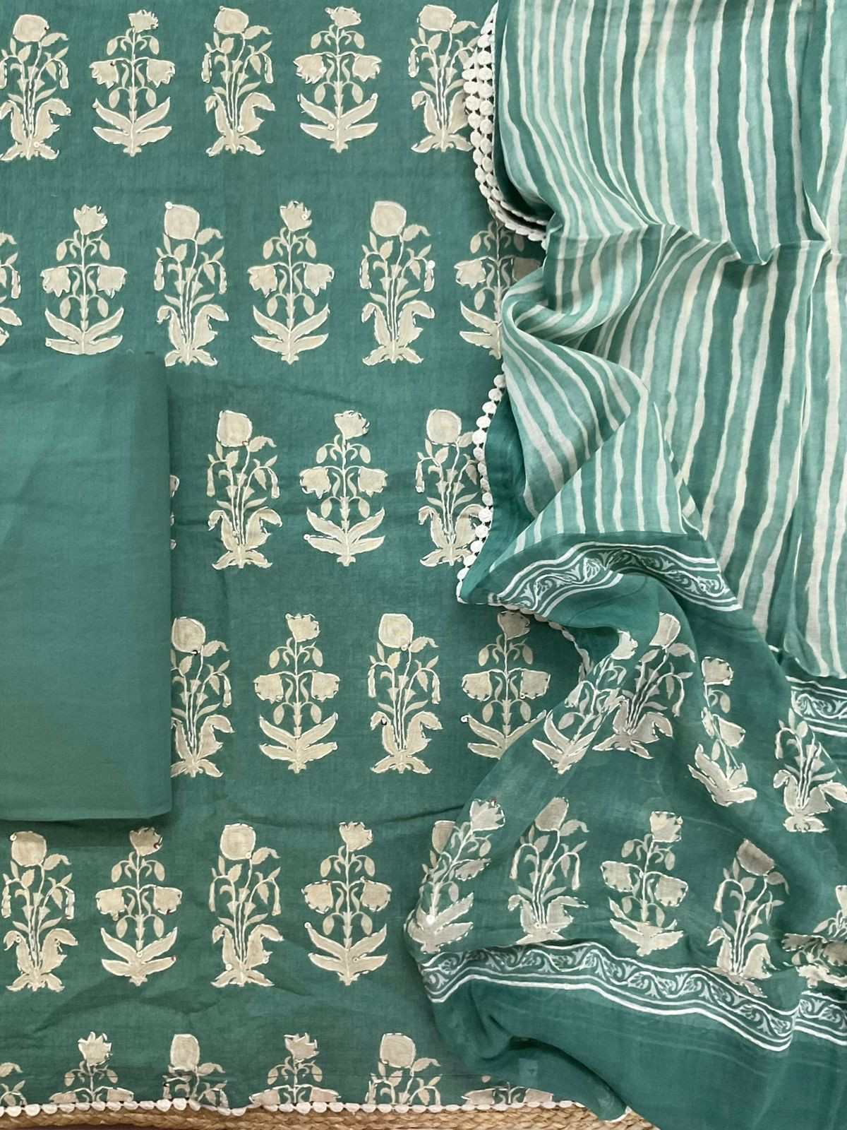 Pure Cotton Printed Embroidered Suit - Green