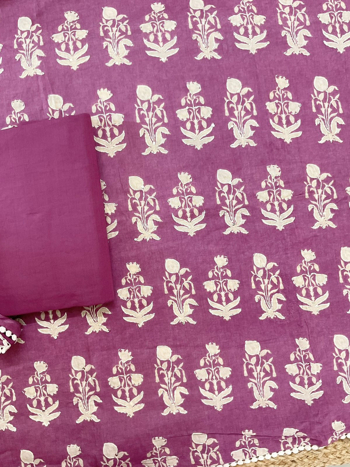 Pure Cotton Printed Embroidered Suit - Wine