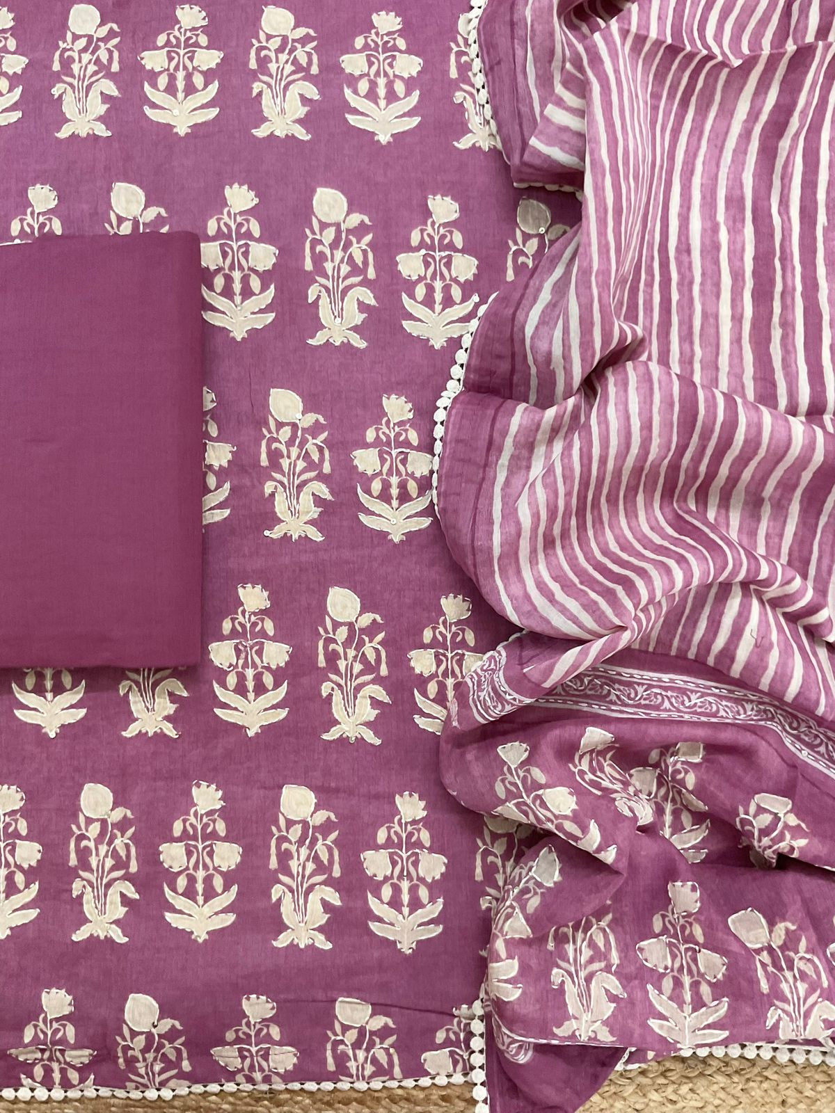 Pure Cotton Printed Embroidered Suit - Wine