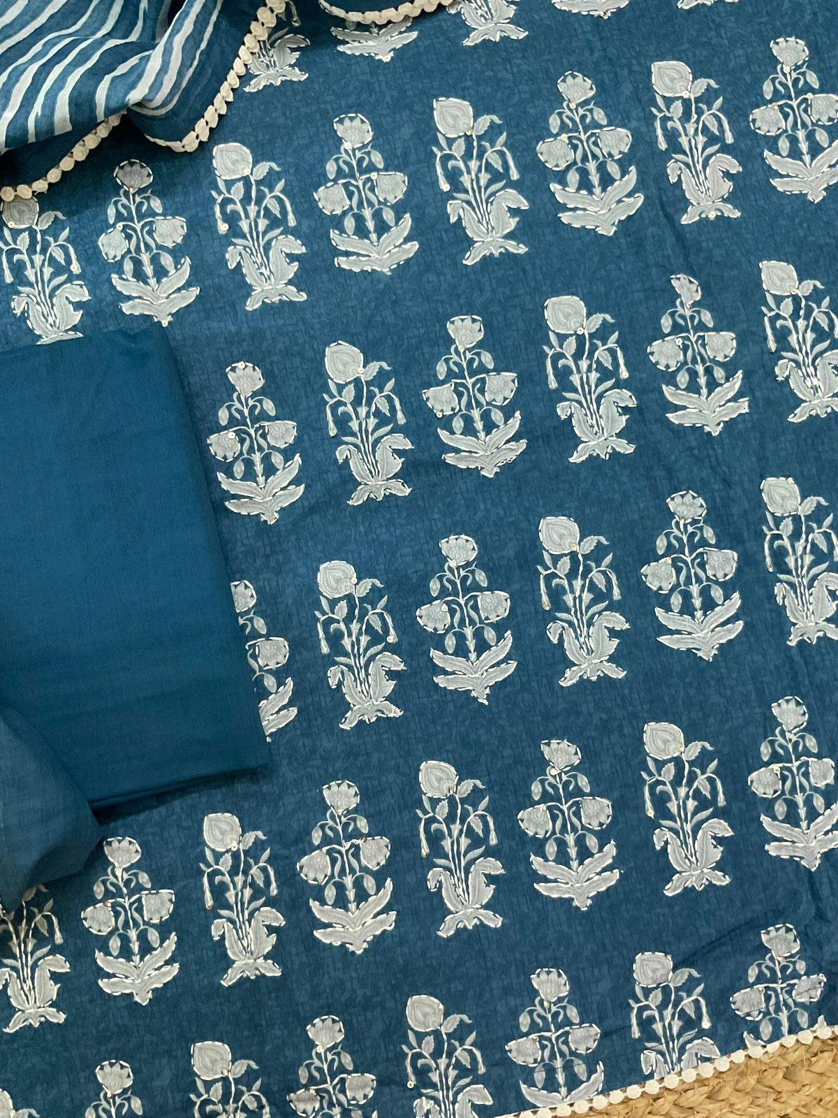 Pure Cotton Printed Embroidered Suit - Blue