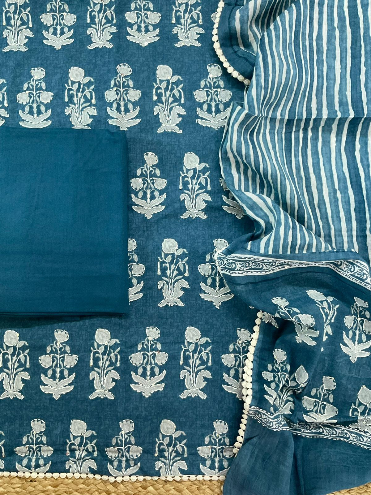 Pure Cotton Printed Embroidered Suit - Blue