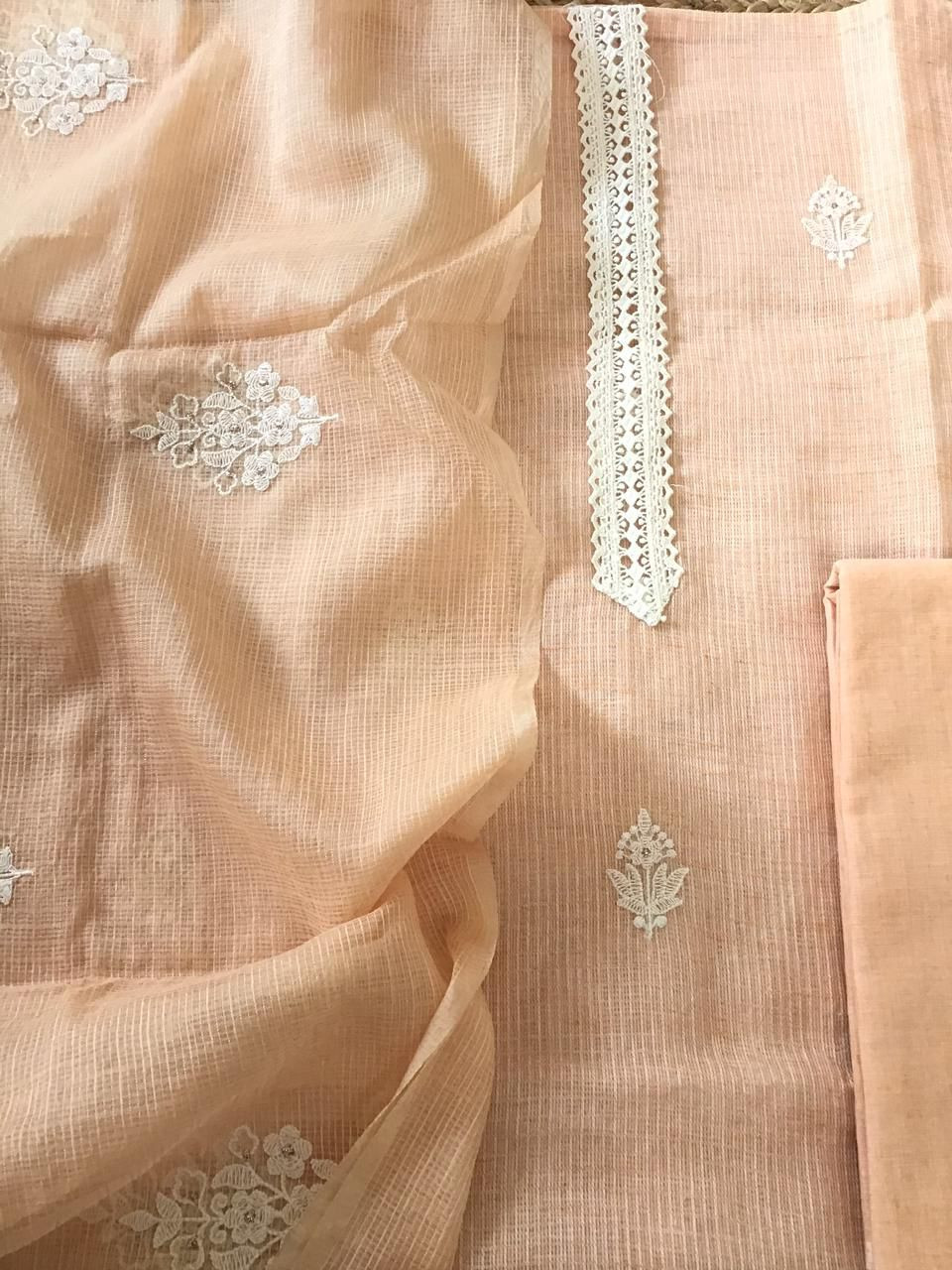 Soft Kota Silk Embroidered Suit - Peach