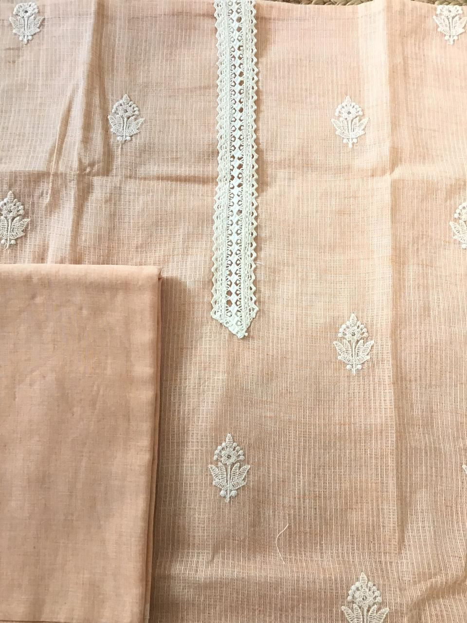 Soft Kota Silk Embroidered Suit - Peach